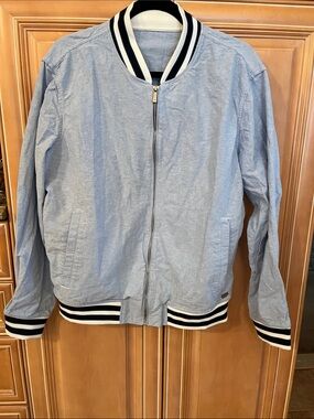 Mens Light Blue Chambray baseball style  Jacket with Navy-Trim Ribbing
